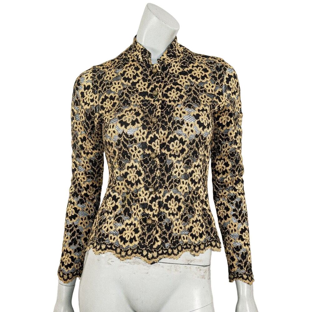 Vintage Ann Ferriday Lace Mesh Top Long Sleeve Floral Black Beige One Size